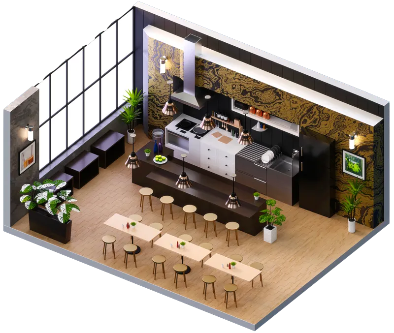Vue isométrique d’un restaurant équipé en domotique : éclairage et pilotage centralisé