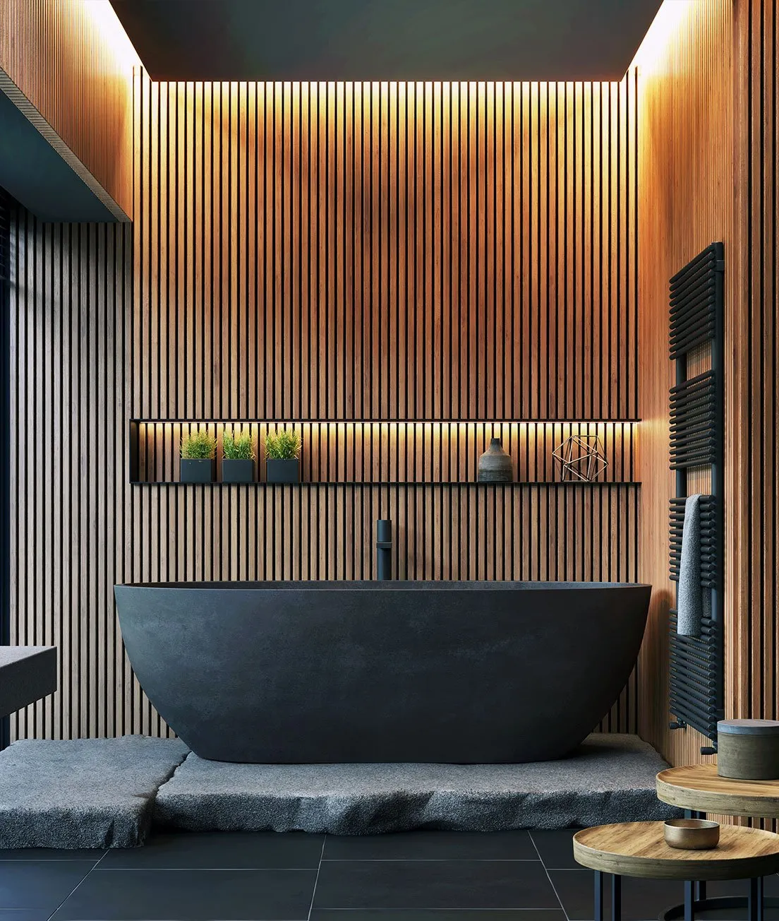 Salle de bain avec éclairage indirect intégré à un mur en lattes de bois